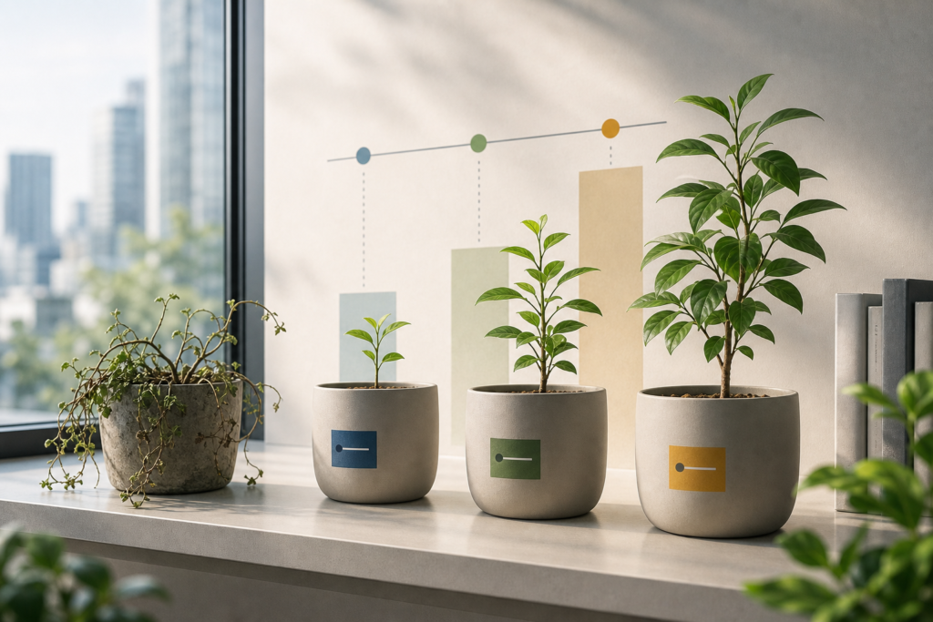 鉢植えに植えられた植物が育っていく様子