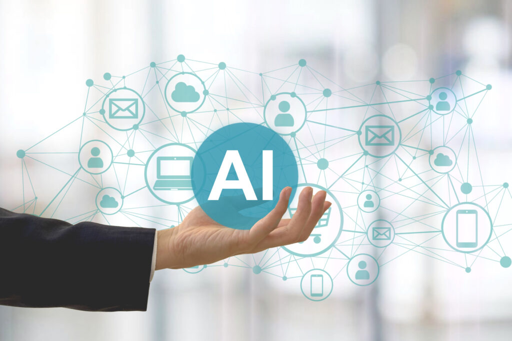 営業でのAI活用を象徴する、ビジネスパーソンの手とAIとネットワークのイメージ