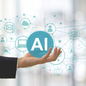 営業でのAI活用を象徴する、ビジネスパーソンの手とAIとネットワークのイメージ