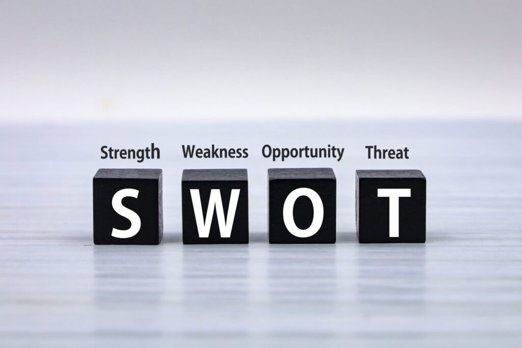 SWOT（Strength・Weakness・Opportunity・Threat）と書かれた黒いブロック
